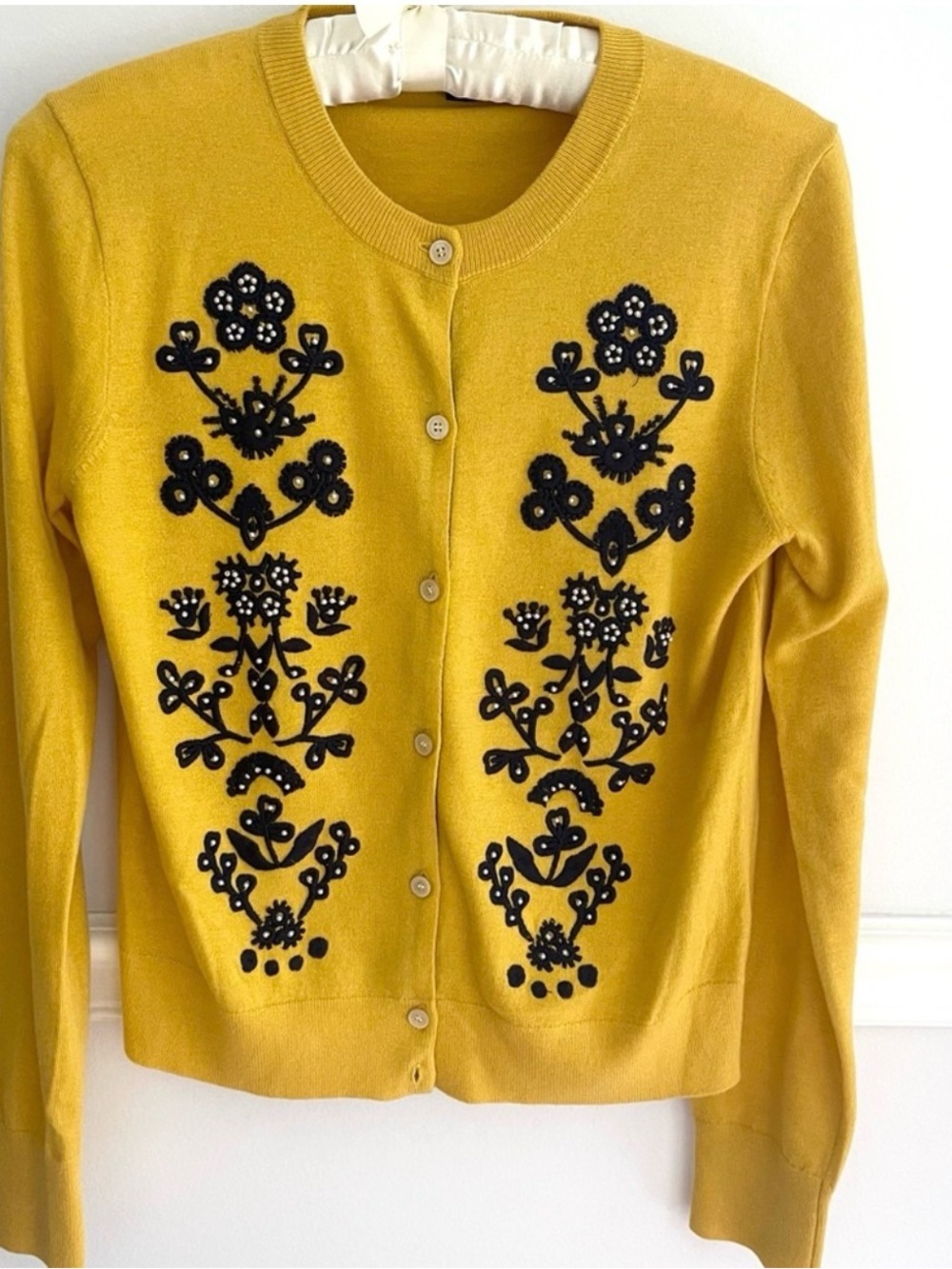 💛 J. Crew Yellow Gold Cardigan with Black Floral Embroidery